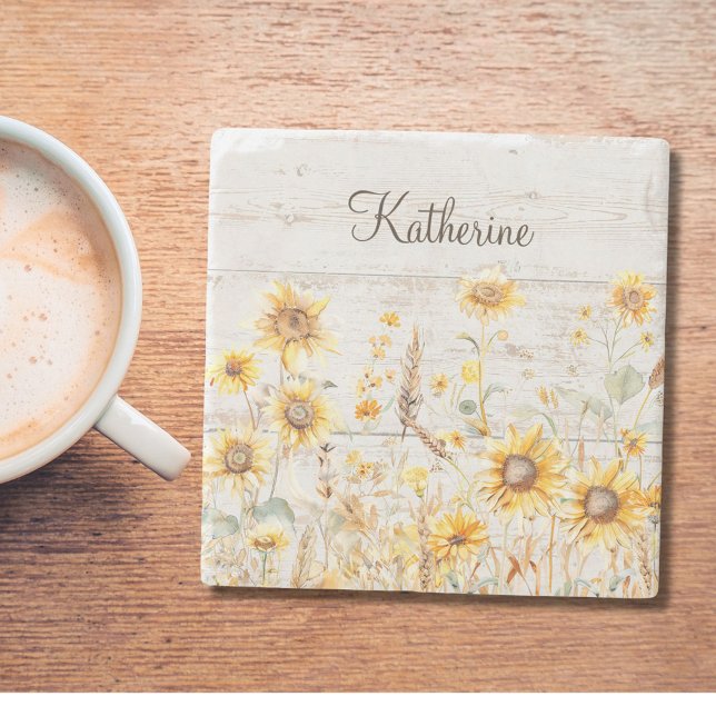 Aquarell Rustikaler Gelbblütengarten Holz Steinuntersetzer (In situ)