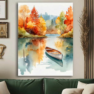 Aquarell Rustikaler Herbstsee mit Ruderboot und Bä Poster