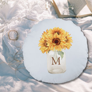 Aquarell-Rustikaler Sonnenblumenstrauß im MASON-Kr Rundes Kissen