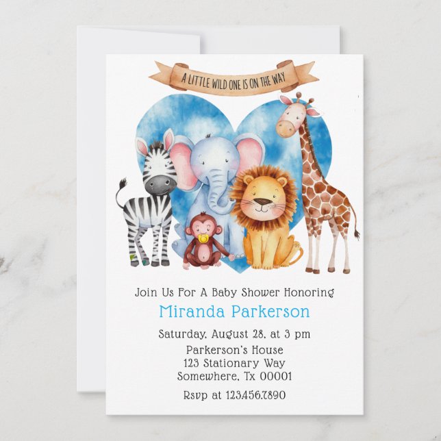 Aquarell Safari Animals Boy Baby Dusche Einladung (Vorderseite)