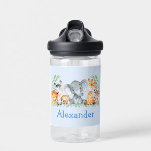 Aquarell-Safari-Dschungel-Baby-Tiere Blau Trinkflasche