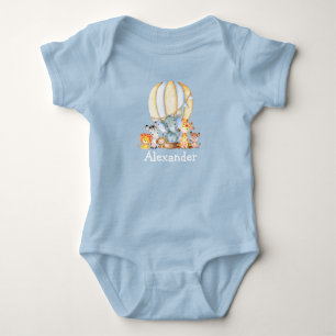 Aquarell Safari Tiere Air Ballon Blue Baby Strampler