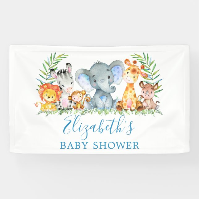 Aquarell Safari Tiere Baby Dusche Blau Banner (Horizontal)