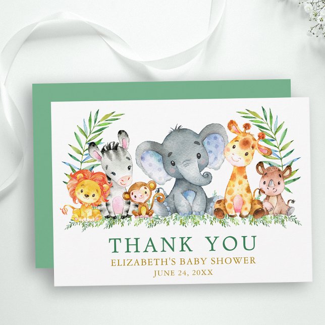 Aquarell Safari Tiere Baby Dusche Green Gold Dankeskarte (Customize to change text color, size, text style, add text to back or change color of back of card.)