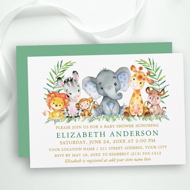 Aquarell Safari Tiere Baby Dusche Green Gold Einladung (Customize to change text color, size, text style or change color of back of card.)