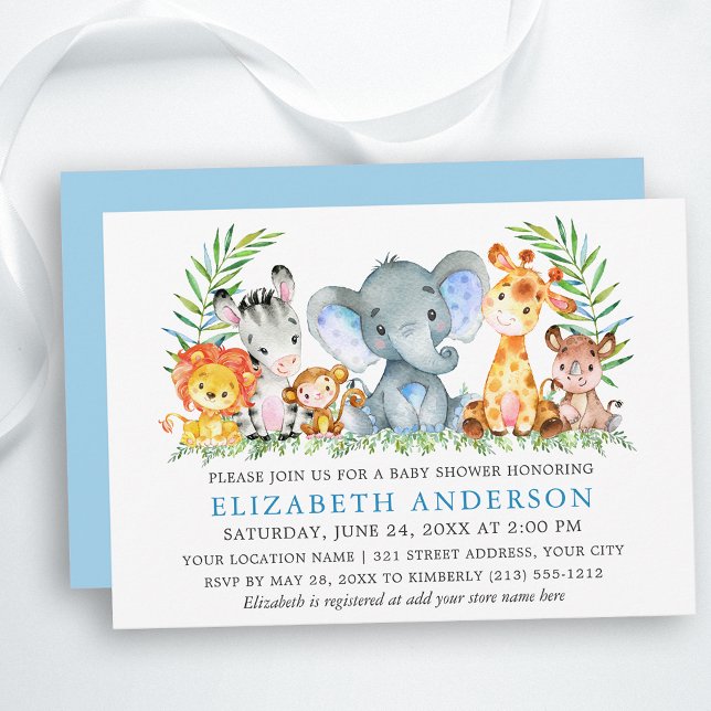 Aquarell Safari Tiere Baby Dusche Light Blue Einladung (Customize to change text color, size, text style or change color of back of card.)