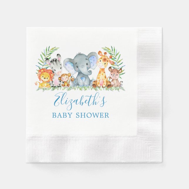 Aquarell Safari Tiere Blue Baby Dusche Serviette (Vorderseite)