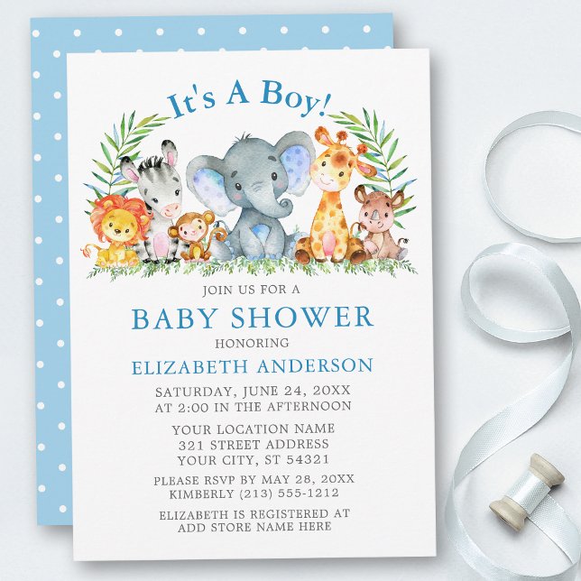 Aquarell Safari Tiere Blue Dots Baby Dusche Einladung (Customize to change text color, size or text style.)