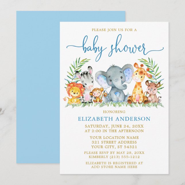 Aquarell Safari Tiere Blue Script Dusche Gold Einladung (Vorne/Hinten)