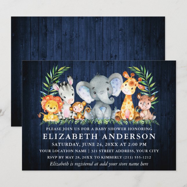 Aquarell Safari Tiere Blue Wood Baby Dusche Einladung (Vorne/Hinten)