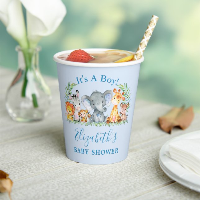 Aquarell Safari Tiere Boy Blue Baby Dusche Pappbecher (In Situ)