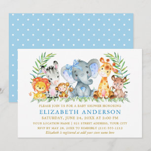 Aquarell Safari Tiere Dusche Blue Bow Dots Einladung