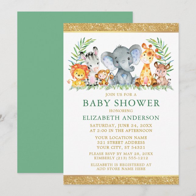 Aquarell Safari Tiere Dusche Glitzer Grün Einladung (Vorne/Hinten)
