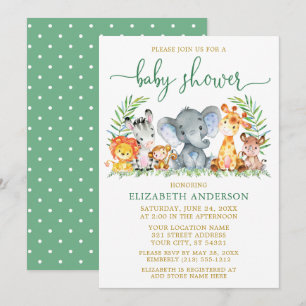Aquarell Safari Tiere Dusche Green Script Gold Einladung