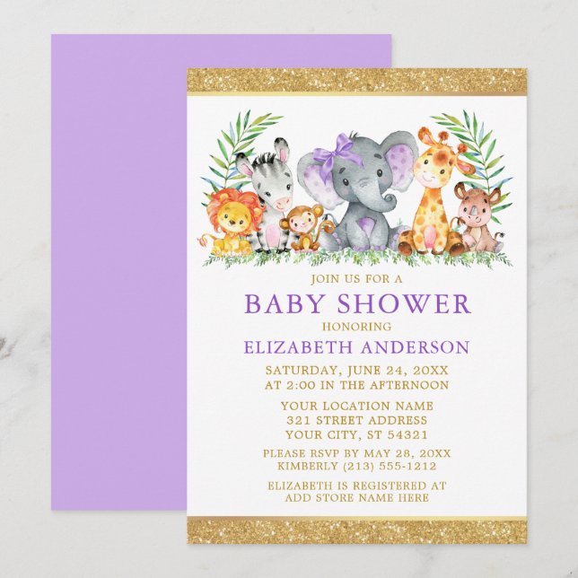 Aquarell Safari Tiere Dusche Violet Glitzer Einladung (Vorne/Hinten)
