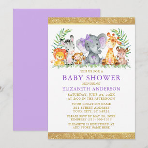 Aquarell Safari Tiere Dusche Violet Glitzer Einladung