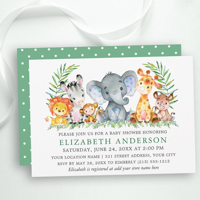 Aquarell Safari Tiere Grüne Punkte Kinderdusche Einladung (Customize to change text color, size or text style.)