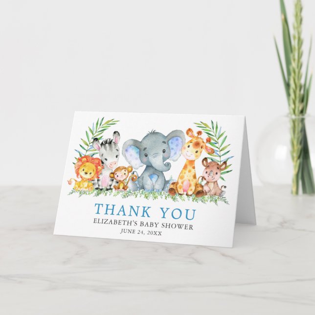 Aquarell Safari Tiere Kinderdusche Blauer Falten Dankeskarte (Vorderseite)