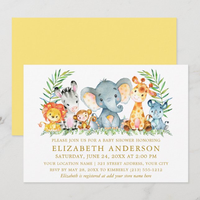 Aquarell Safari Tiere Kinderdusche Gelb Gold Einladung (Vorne/Hinten)