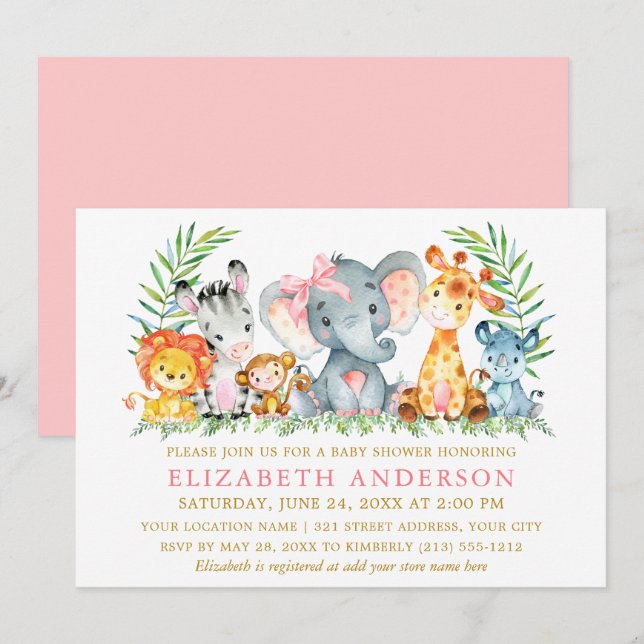 Aquarell Safari Tiere Kinderdusche Rosa Bow Einladung (Vorne/Hinten)