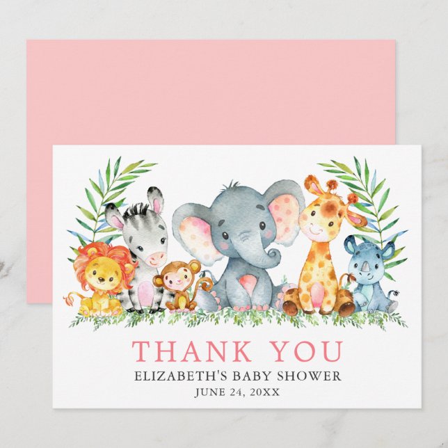 Aquarell Safari Tiere Kinderdusche Rosa Dankeskarte (Vorne/Hinten)
