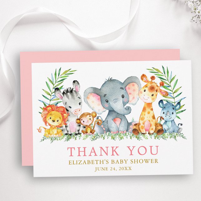 Aquarell Safari Tiere Kinderdusche Rosa Gold Dankeskarte (Customize to change text color, size, text style, add text to back or change color of back of card.)