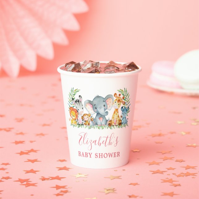 Aquarell Safari Tiere Kinderdusche Rosa Pappbecher (Insitu)