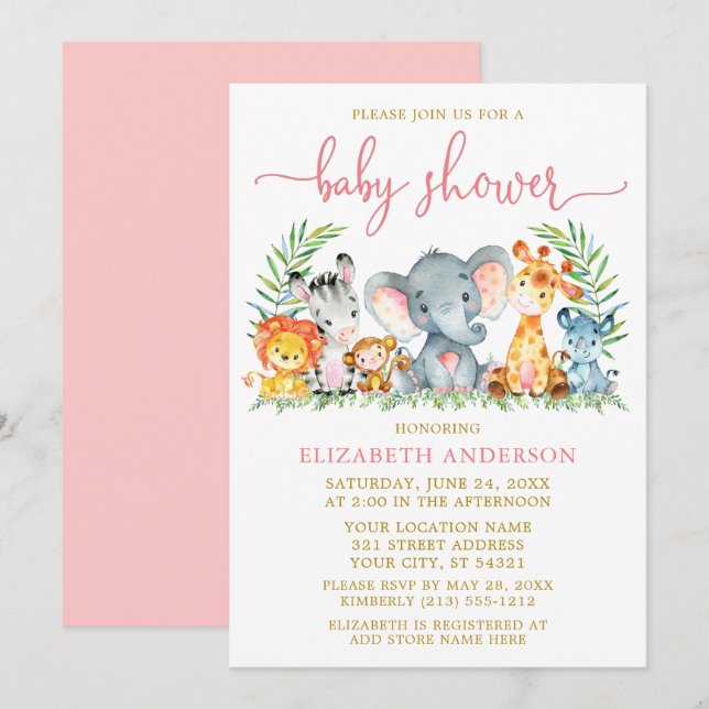 Aquarell Safari Tiere Rosa Script Dusche Gold Einladung (Vorne/Hinten)