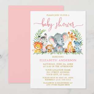 Aquarell Safari Tiere Rosa Script Dusche Gold Einladung