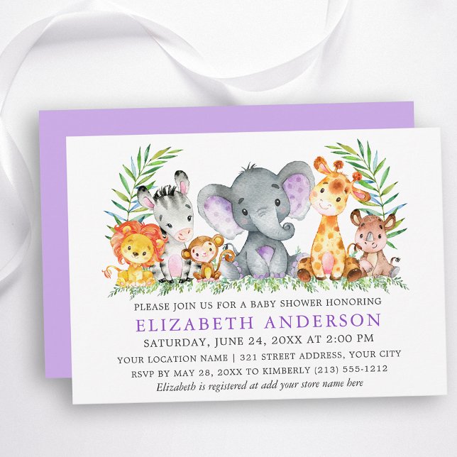 Aquarell Safari Tiere Violet Babydusche Einladung (Customize to change text color, size, text style or change color of back of card.)