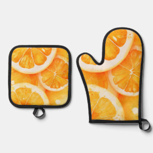 Aquarell saftige Orangenscheiben Ofenhandschuh & Topflappen-Set