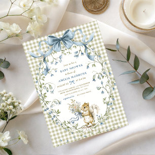 Aquarell-Sage-Gingham-Eichhörnchen-Baby-Party Einladung