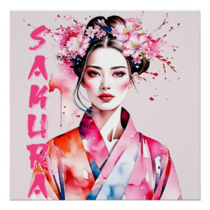 Aquarell-Sakura-Frau Poster