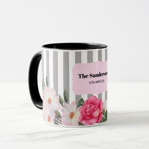 Aquarell Sanfte Rosa Weiße Rosen Graue Streifen Tasse