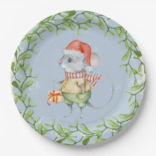 Aquarell-Sankt-Maus mit Weihnachtsstechpalme Pappteller