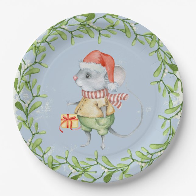 Aquarell-Sankt-Maus mit Weihnachtsstechpalme Pappteller (Vorderseite)
