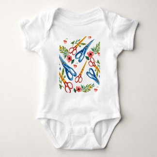 Aquarell-Schere und Wildblumen nahtloses Muster Baby Strampler