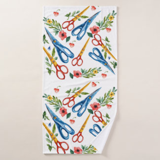 Aquarell-Schere und Wildblumen nahtloses Muster Badhandtuch Set