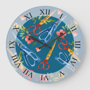 Aquarell-Schere und Wildblumen nahtloses Muster Große Wanduhr