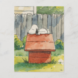 Aquarell schlafender Hund auf rotem Hundehaus Kuns Feiertagspostkarte