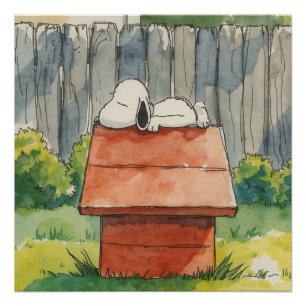 Aquarell schlafender Hund auf rotem Hundehaus Kuns Poster