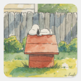 Aquarell schlafender Hund auf rotem Hundehaus Kuns Quadratischer Aufkleber