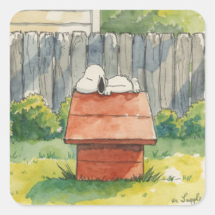 Aquarell schlafender Hund auf rotem Hundehaus Kuns Quadratischer Aufkleber