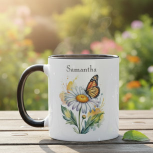 Aquarell-Schmetterling auf Gänseblümchen-Blumen Tasse