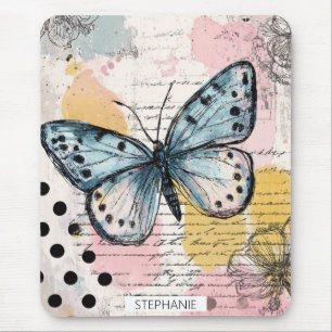 Aquarell Schmetterling Blau Boho Natur Kunst Mousepad