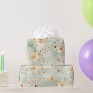 Aquarell-Schmetterling-Blumen-Salbei-Orange Geschenkpapier