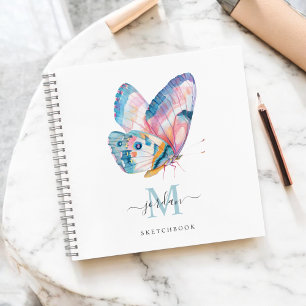 Aquarell-Schmetterling mit Monogramm-Skizzenbuch Notizbuch