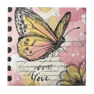 Aquarell Schmetterling Pink Gold Boho Natur Kunst Fliese