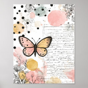 Aquarell Schmetterling Pink Gold Boho Natur Kunst Poster