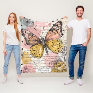 Aquarell Schmetterling Rosa Gold Boho Natur Kunst  Fleecedecke
